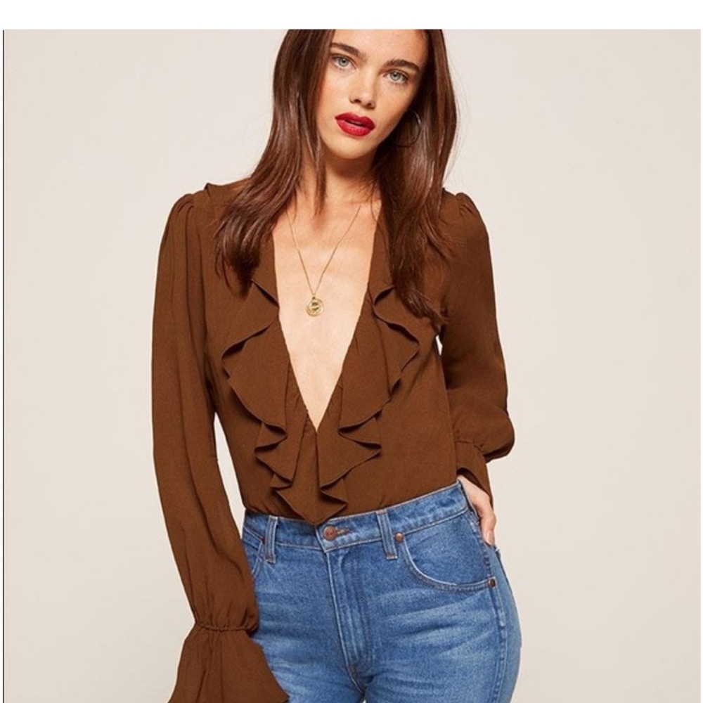 REFORMATION‎ Brown Ruffle Penny Bodysuit Size Small